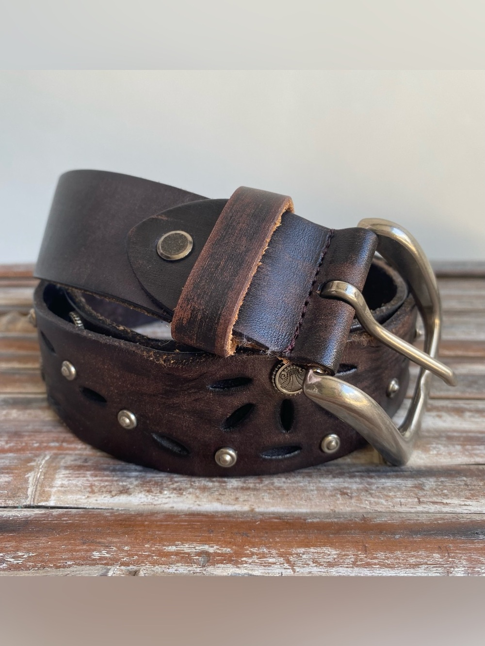 Vintage 90s brown leather floral cut out silver studded belt boho western Indie
